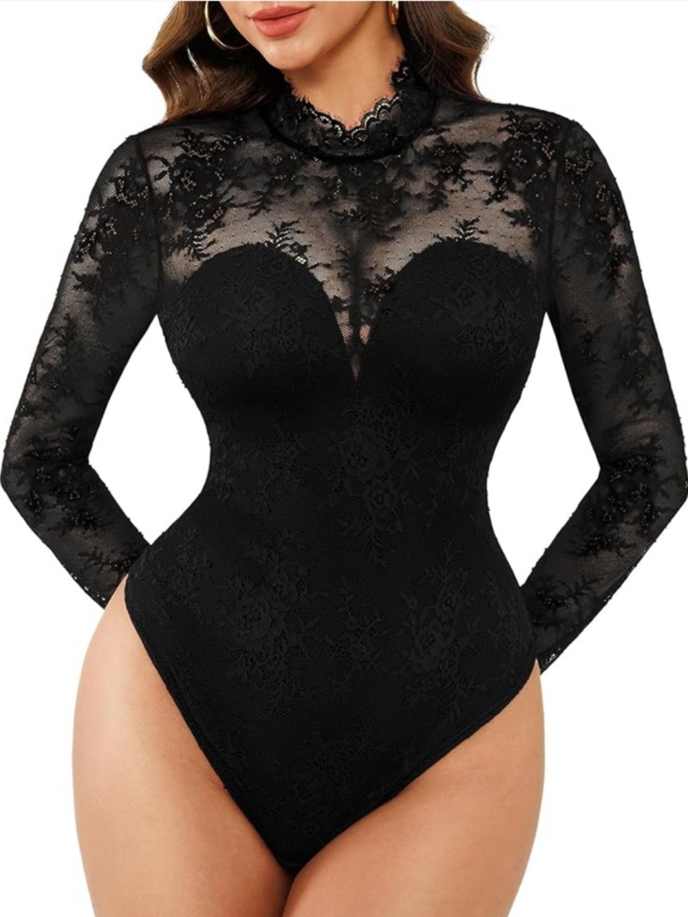 Popilush Sheer Lace Long-Sleeve Black Bodysuit